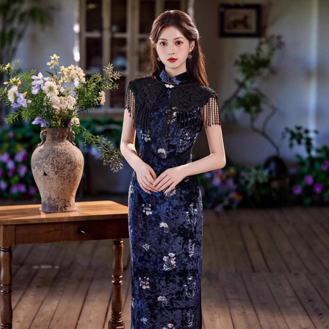 2025秋季新款旗袍新中式藏青色高端轻奢丝绒旗袍高级感修身女旗袍