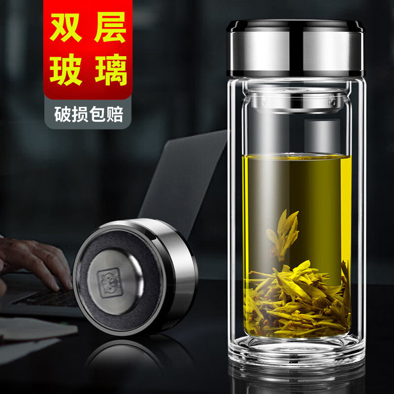 双层玻璃杯男士带盖隔热水杯女士大容量过滤泡茶O喝水杯子定制log