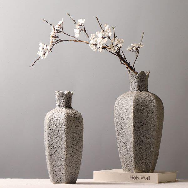 新中式创意杨桃花瓶 样板房客厅插花装饰品 泡泡釉陶瓷摆件灰色