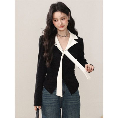 张汽水秋季穿搭黑色polo衫长袖t恤女韩系超好看单穿系带别致上衣