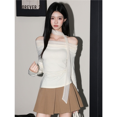 Forever21超好看杏色一字肩长袖T恤女秋独特收腰飘带修身小衫上衣