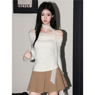 Forever21超好看杏色一字肩长袖T恤女秋独特收腰飘带修身小衫上衣