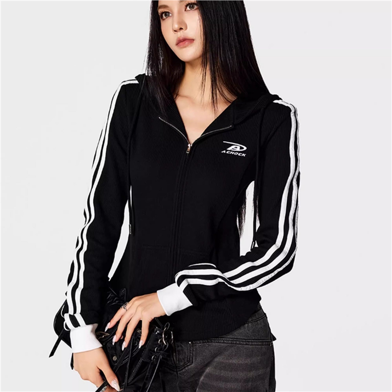 黑色条纹连帽卫衣外套女早秋季美式修身紧身短款长袖上衣秋冬穿搭