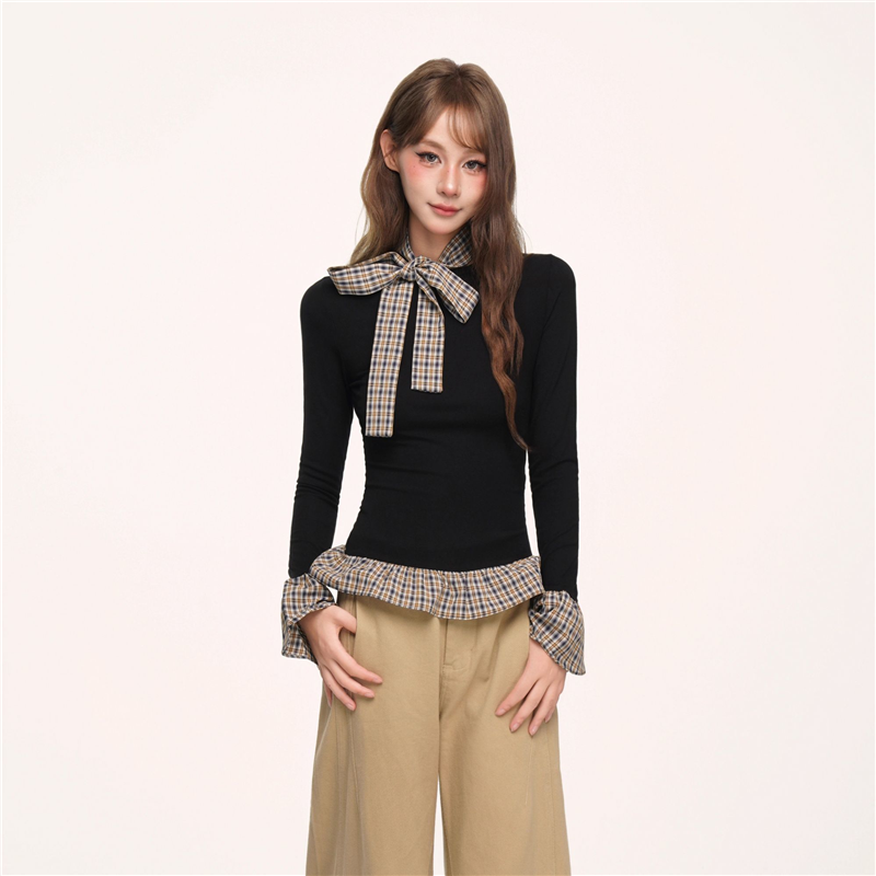 BYEMYPIE韩系格纹拼接长袖T恤女秋季辣妹修身显瘦内搭打底衫上衣