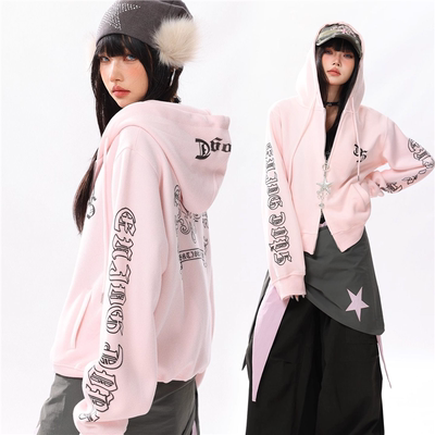 AONW美式复古字母印花连帽卫衣女秋季新款街头辣妹开衫短款外套