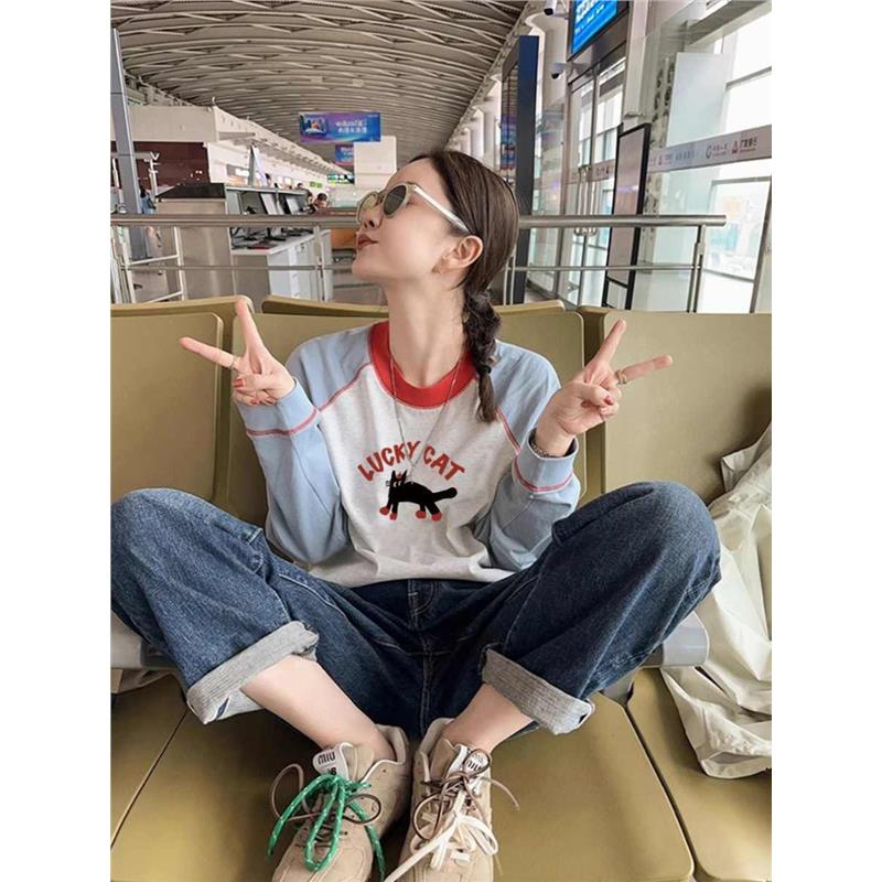 「GUIER」休闲长袖t恤女2025年新款秋季设计感圆领插肩袖拼接上衣