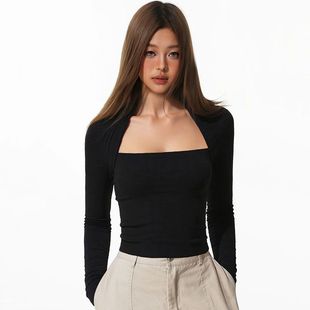 SHIYIYUE美式假两件短款打底上衣女早秋修身黑色T恤显瘦内搭长袖