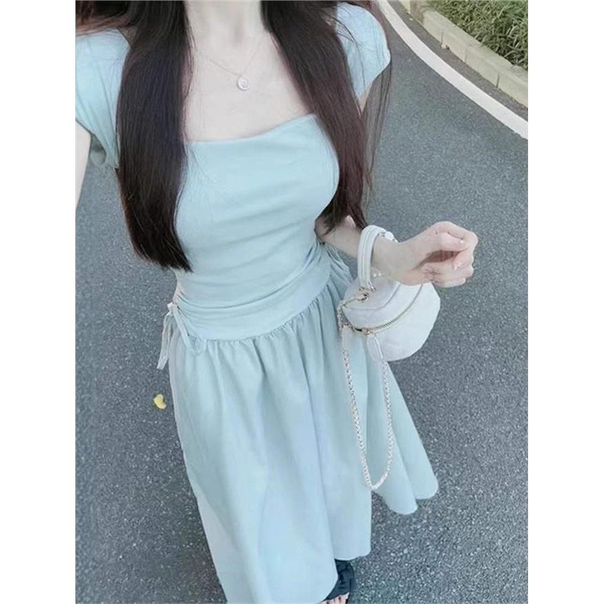 蓝色方领吊带洋装女装夏