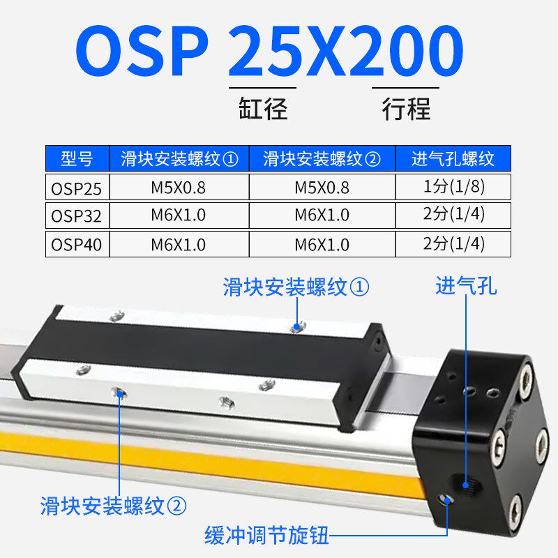 高速机械式带导轨OSP无杆气缸滑台P25/32/40-300-800-1500长行程