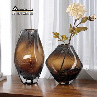 琥珀棕色银箔琉璃花瓶异形加厚插花摆件轻奢家居客厅样板间装饰品