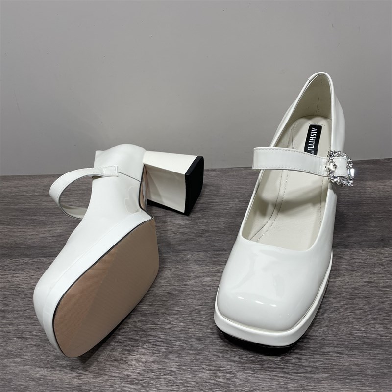 断码处理春季款玛丽珍真皮一字扣带法式方头粗高跟通勤浅口单鞋女
