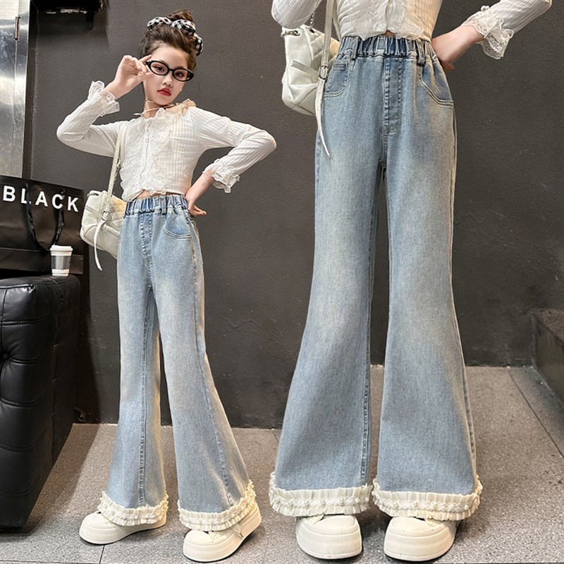 女童喇叭裤春秋2025新款儿童修身裤子女孩大童春季弹力微喇牛仔裤