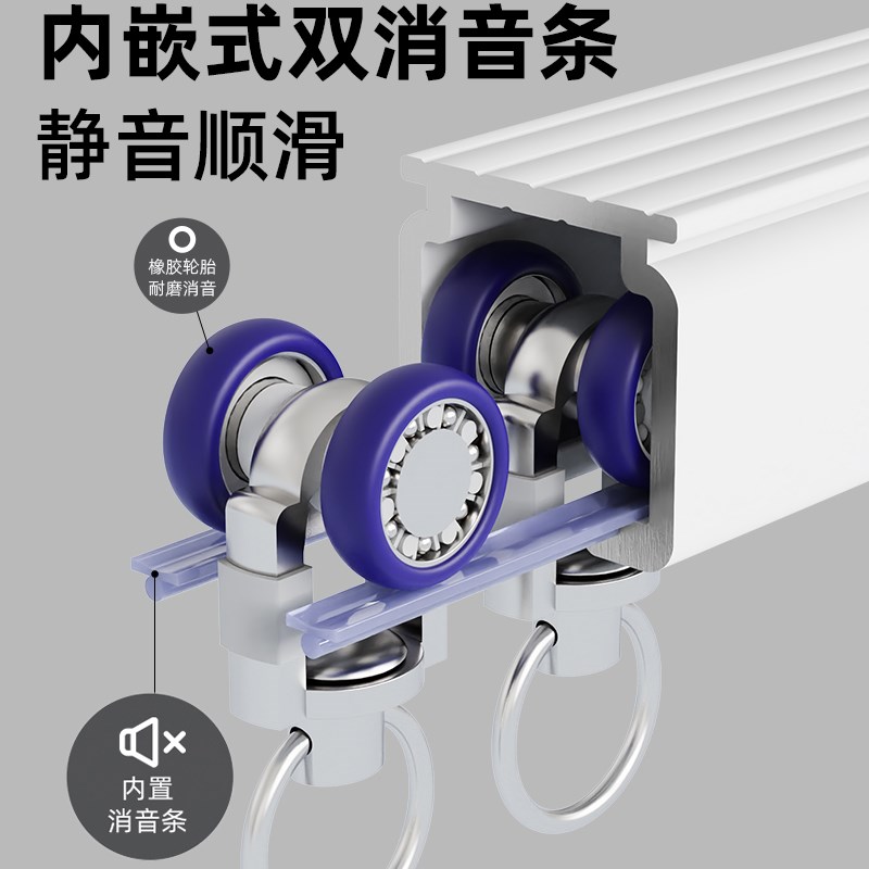 铝合金窗帘轨道静音滑轨窗帘杆导轨单轨双轨侧装顶装滑道轴承滑轮