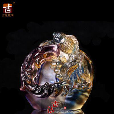 古法琉璃台湾烧制脱蜡工艺戏水名片座办公金鱼摆件