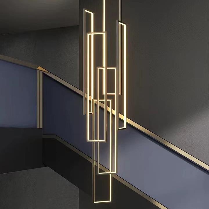楼梯吊灯现代简约别墅复式楼中空loft旋转楼梯间极简超长方框灯具