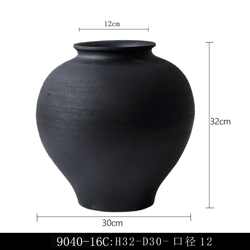 中式侘寂风复古黑色粗陶陶罐客厅陶瓷花瓶摆O件酒店博古架软装饰