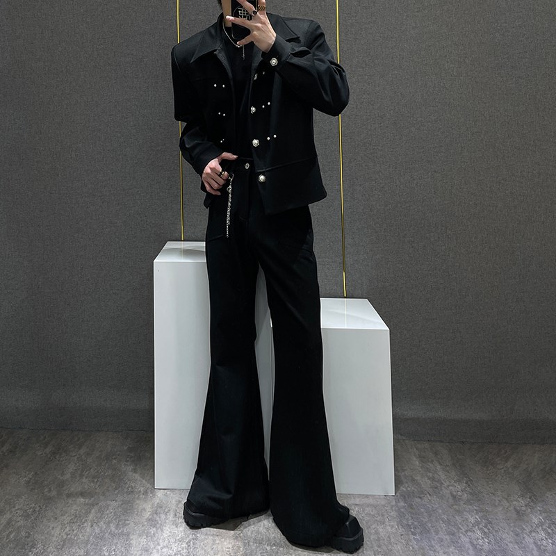 鹿鹿/小众设计感小香风套装男秋季高级感垫肩夹克喇叭裤两件套男
