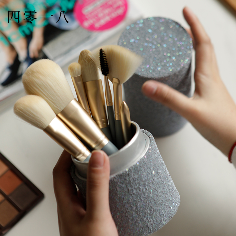 蓝色亮片化妆刷桶文具收纳