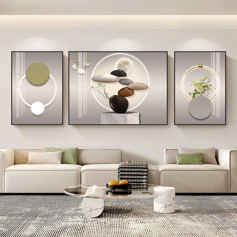 石来运转客厅装饰画现代简约沙发后面挂画大气背景墙三联壁画轻奢图片