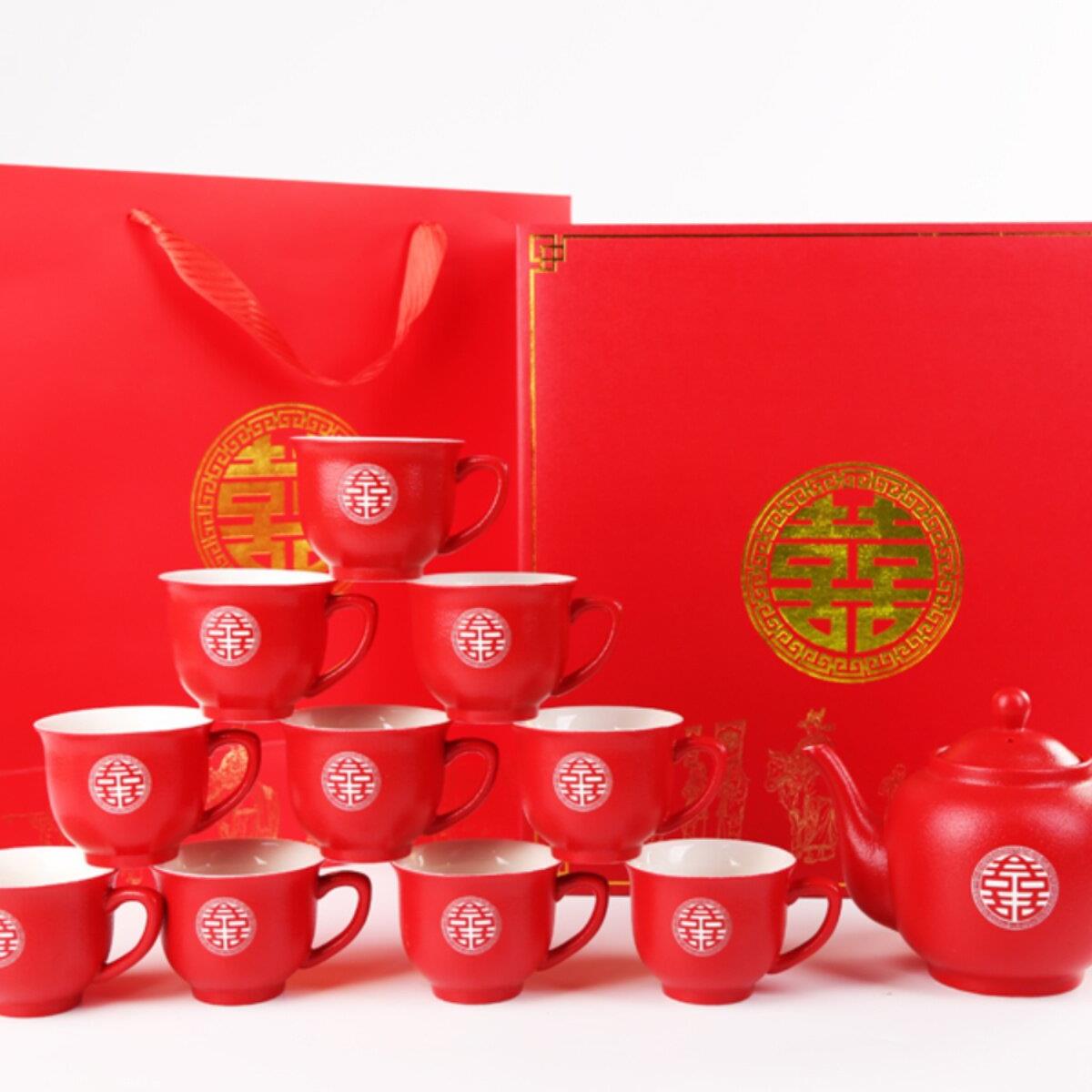 结婚茶具套装陶瓷红色敬茶杯茶壶改口茶杯婚庆陪嫁红茶具礼盒装