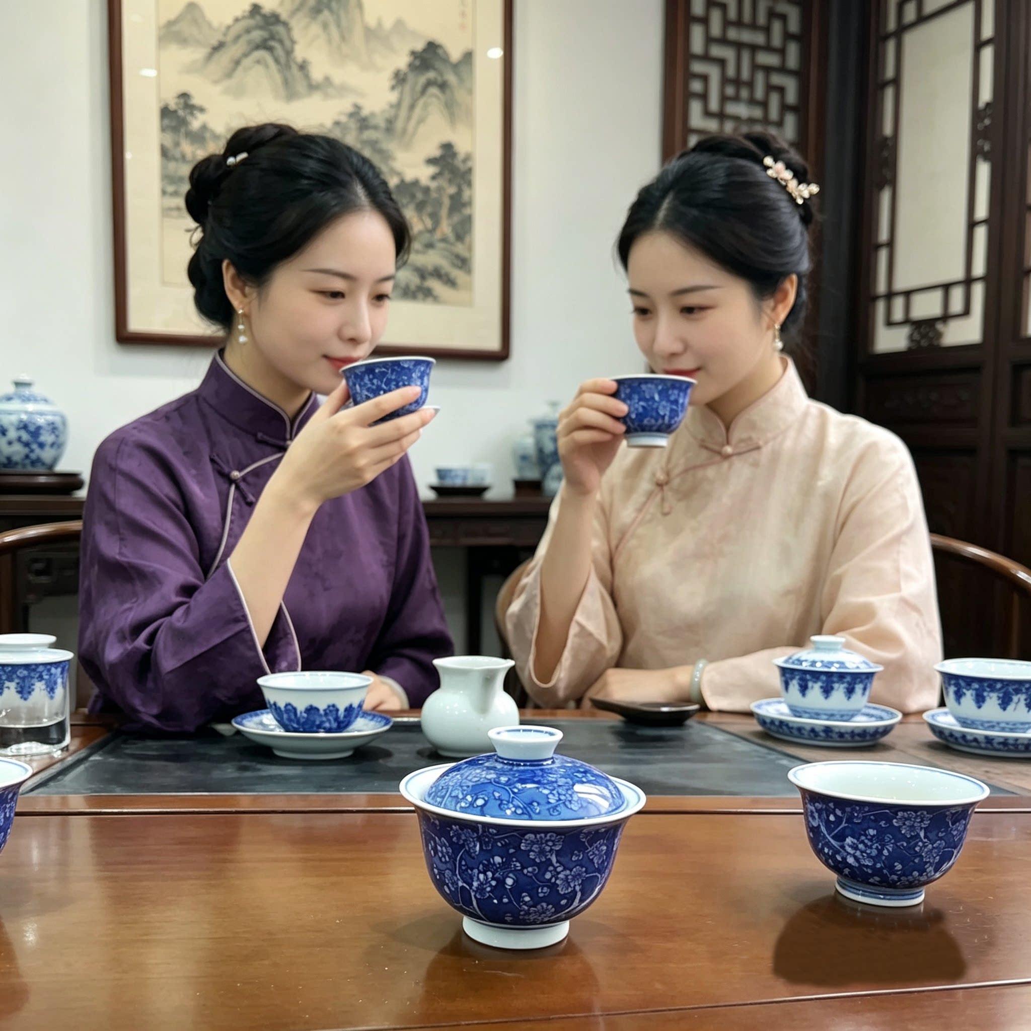 景德镇青花手绘缠枝莲柴窑窑盖碗茶杯二才碗泡茶碗送礼压手主人杯