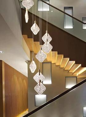 复式楼梯间水晶长吊灯轻奢风挑空loft网红旋转简约客厅中空别墅灯