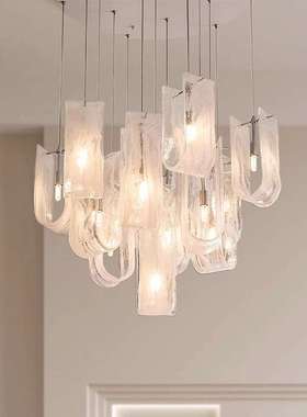 法式中古楼梯吊灯2024新款云雾玻璃loft复式别墅客厅挑空大吊灯具