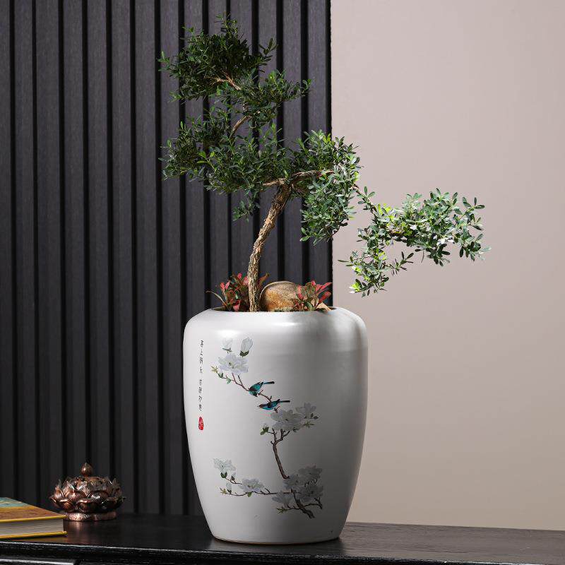 新中式陶瓷花瓶花盆摆件客厅玄关装饰花器创意大口径大号绿植花盆