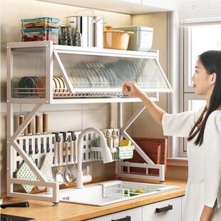 小包装防尘柜门上水槽架晾放碗碟沥水架厨房置物架带柜门收纳架子