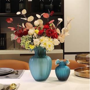 欧式 轻奢蓝色条纹浪花口玻璃插花鲜花郁金香花瓶家居客厅桌面摆件