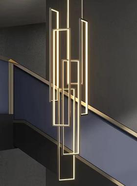 楼梯吊灯现代简约别墅复式楼中空loft旋转楼梯间极简超长方框灯具