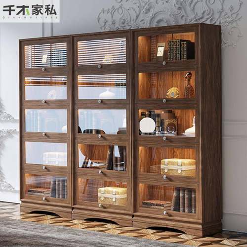 7T美式全实木书柜书架玻璃门带灯客厅整墙落地玩具品置物收藏