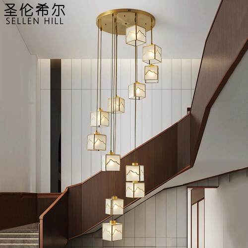 新中式楼梯吊灯全铜长吊灯LOFT复式轻奢现代别墅客厅网红旋转水晶