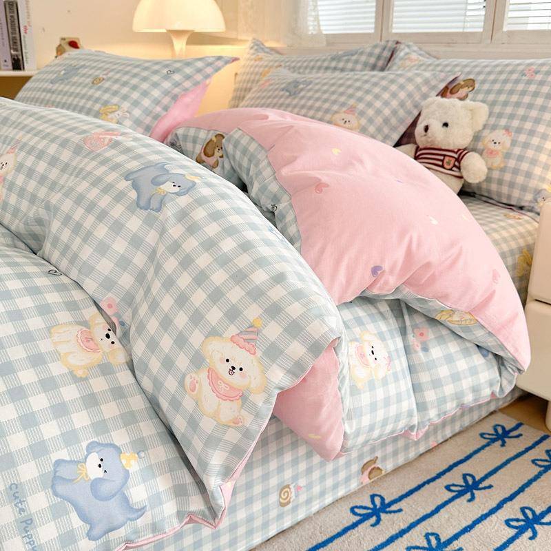 印花清新全棉四件套加厚磨毛纯棉学生宿舍三件套床单款床笠款家用