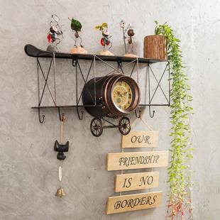 美式 饰收纳 复古飞机模型置物架壁饰壁挂螺旋桨钟表创意铁艺墙壁装