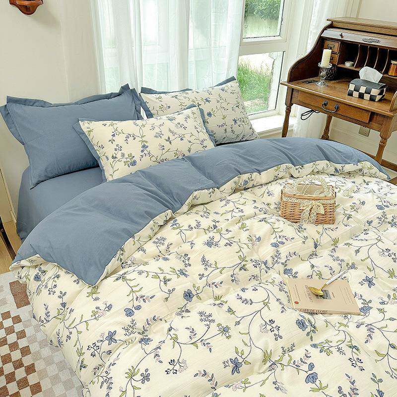 A类母婴级水洗棉麻四件套亲肤被套双层纱三件套小竺棉荷叶款床单F