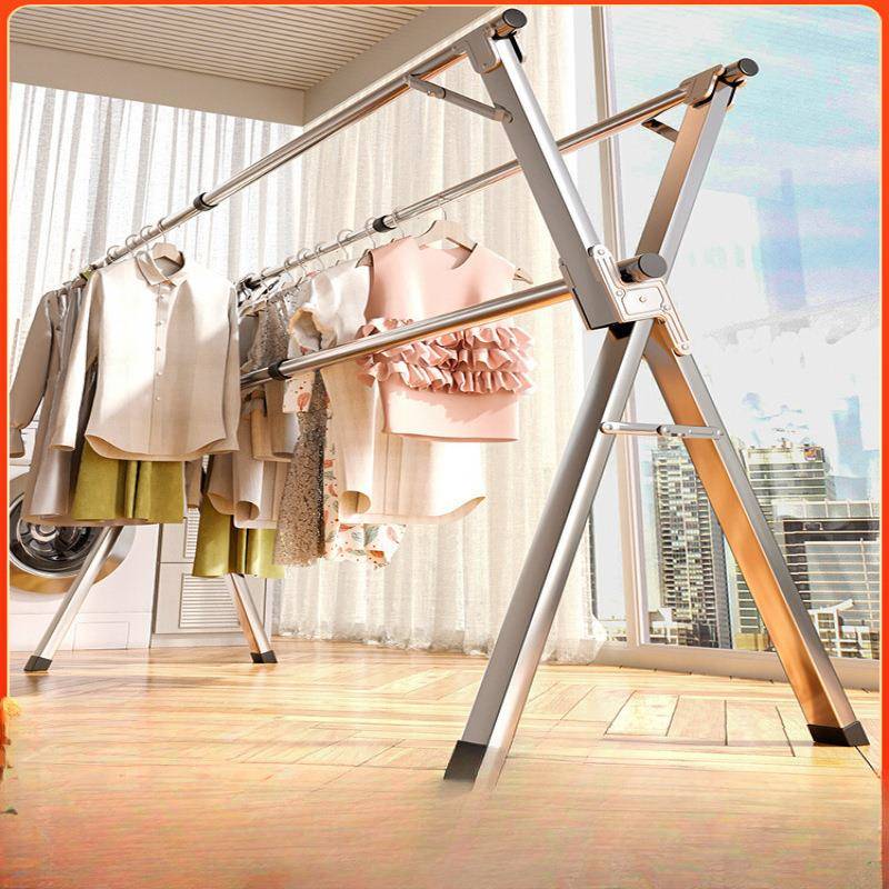 不锈钢晾衣架落地折叠室内双杆式阳台挂衣伸缩晾衣杆室外晒衣架