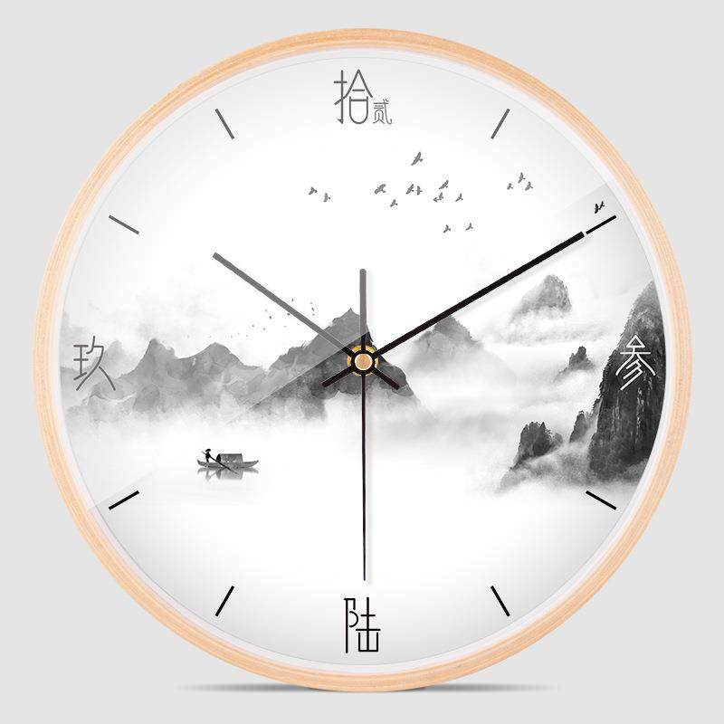10寸12寸实木边框挂钟客厅卧室静音时钟桦木新中式中国水墨画钟表
