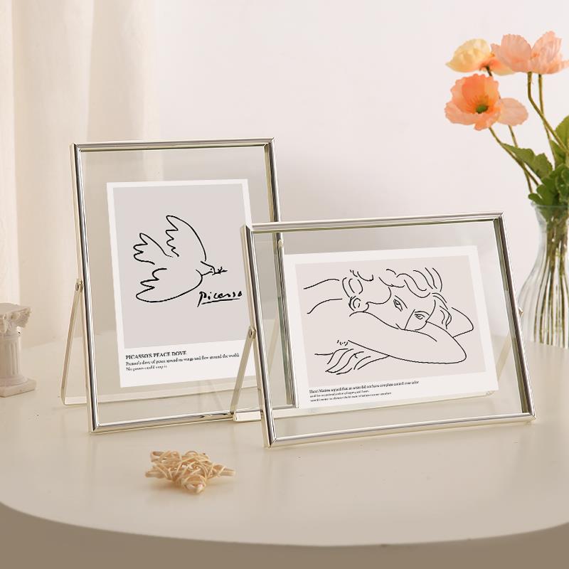 玻璃双面透明金属相框空框67寸8画框感摆件创意照片水晶摆台