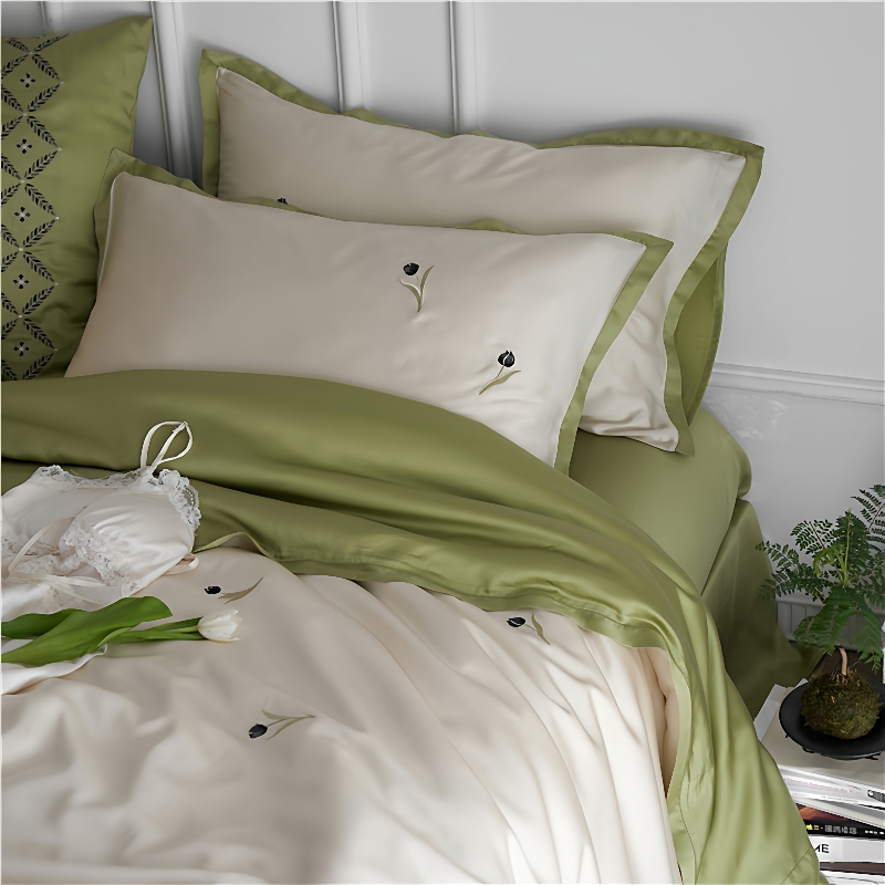 夏季100支LF天丝四件套刺绣床上用品绣花小清新裸睡冰丝床单被套