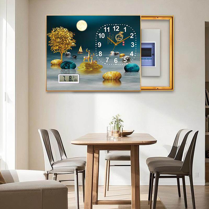 新中式电表箱钟表时钟款免打孔推拉配电箱挂画挂钟