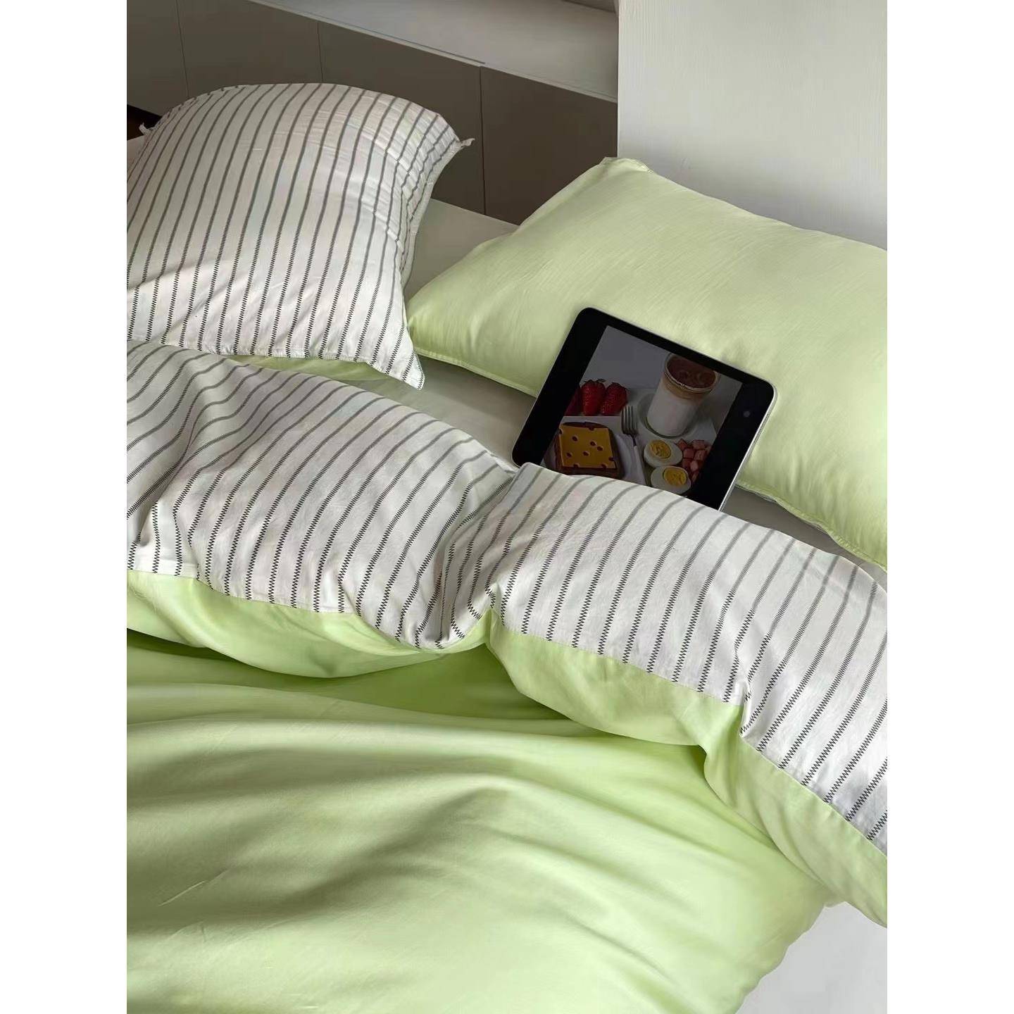 |时尚格调条纹60支纯色水洗棉混搭四件套全棉双面款床品