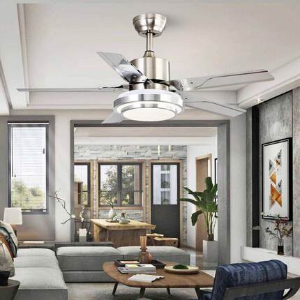 现代简约客厅吊扇灯家用带灯吊扇LED遥控灯具不锈钢直叶风扇灯