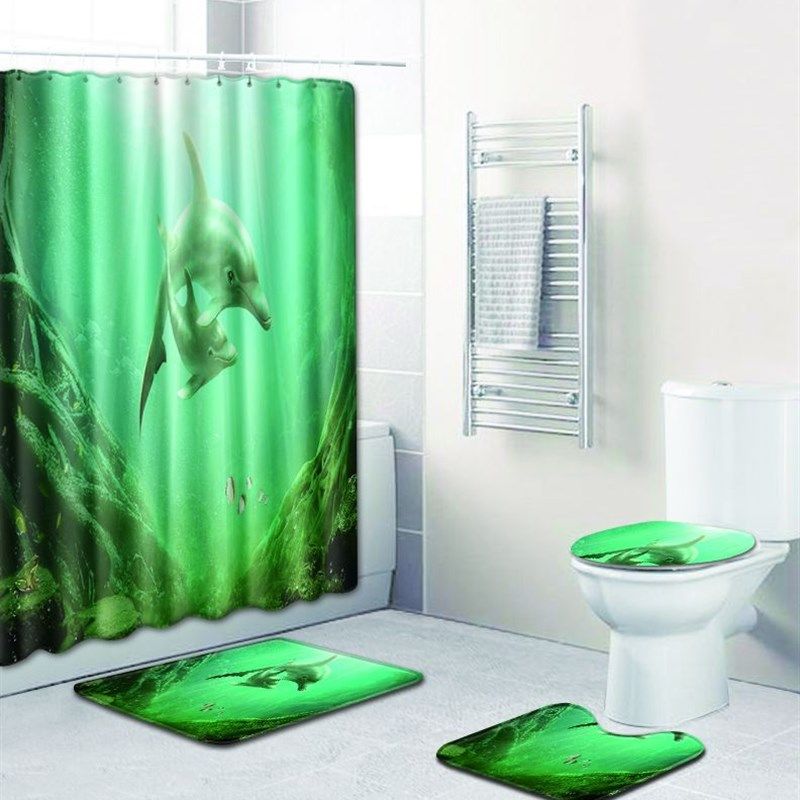 海豚浴帘地垫组合四件套装卫生间马桶地毯淋浴房垫子脚垫跨境代发