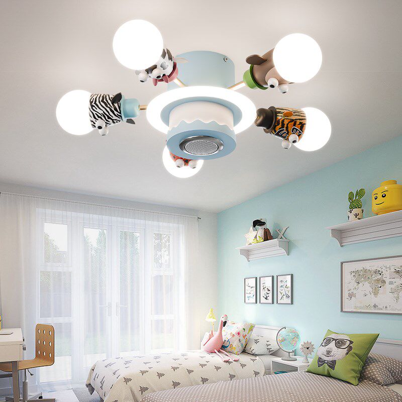 儿童卧室风扇灯男孩女孩创意动物蓝牙音响360度摇头遥控护眼光源