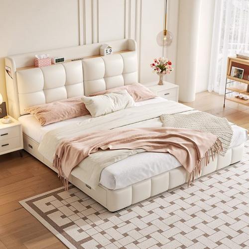 法式奶油风智能电动床架多功能卧室互不打扰双人床升降软靠包床