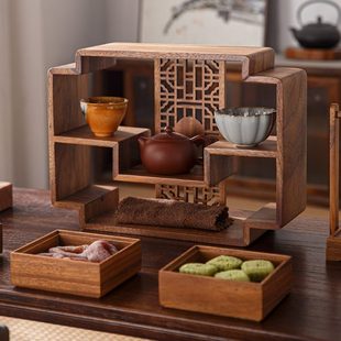 黑胡桃木桌面博古架置物架复古茶壶茶杯展示架子实木茶具小收纳柜