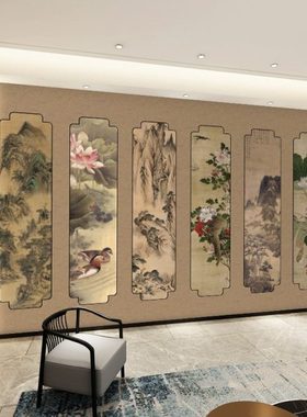 中式墙纸中国风山水背景墙壁纸饭店包厢壁画茶楼装饰古画屏风墙布