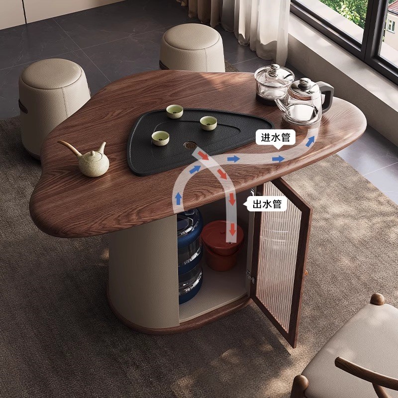 2025新款阳台实木茶桌小户型黑胡桃木茶L桌意式极简家用泡茶台椅