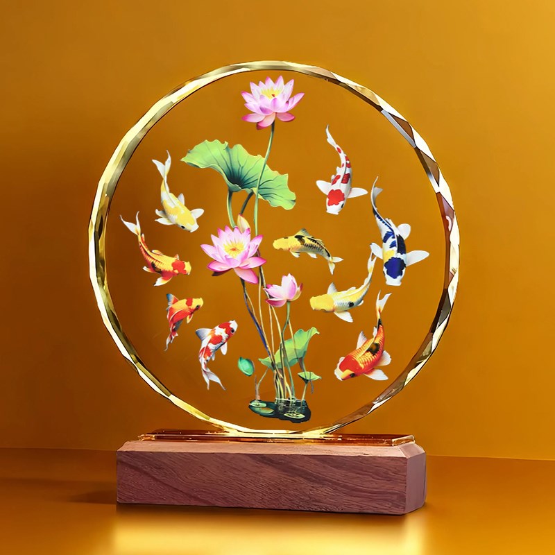 九鱼图连年有余水j晶摆件家居装饰品乔迁开业客厅玄关荷花鲤鱼摆